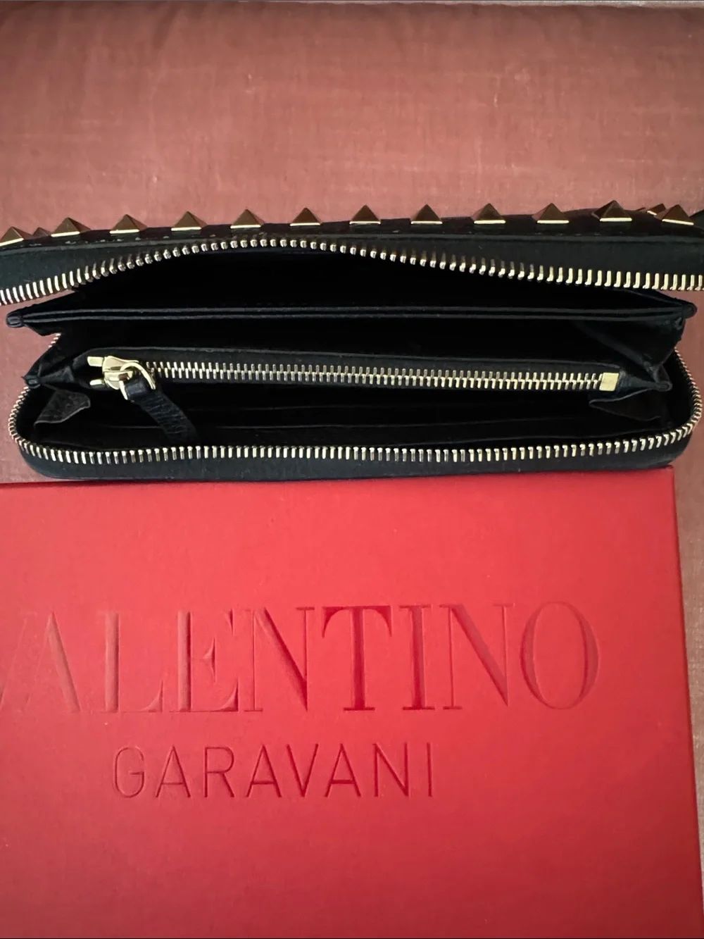 Valentino Garavani Black Leather Rockstud Zip Wallet with Gold Studs